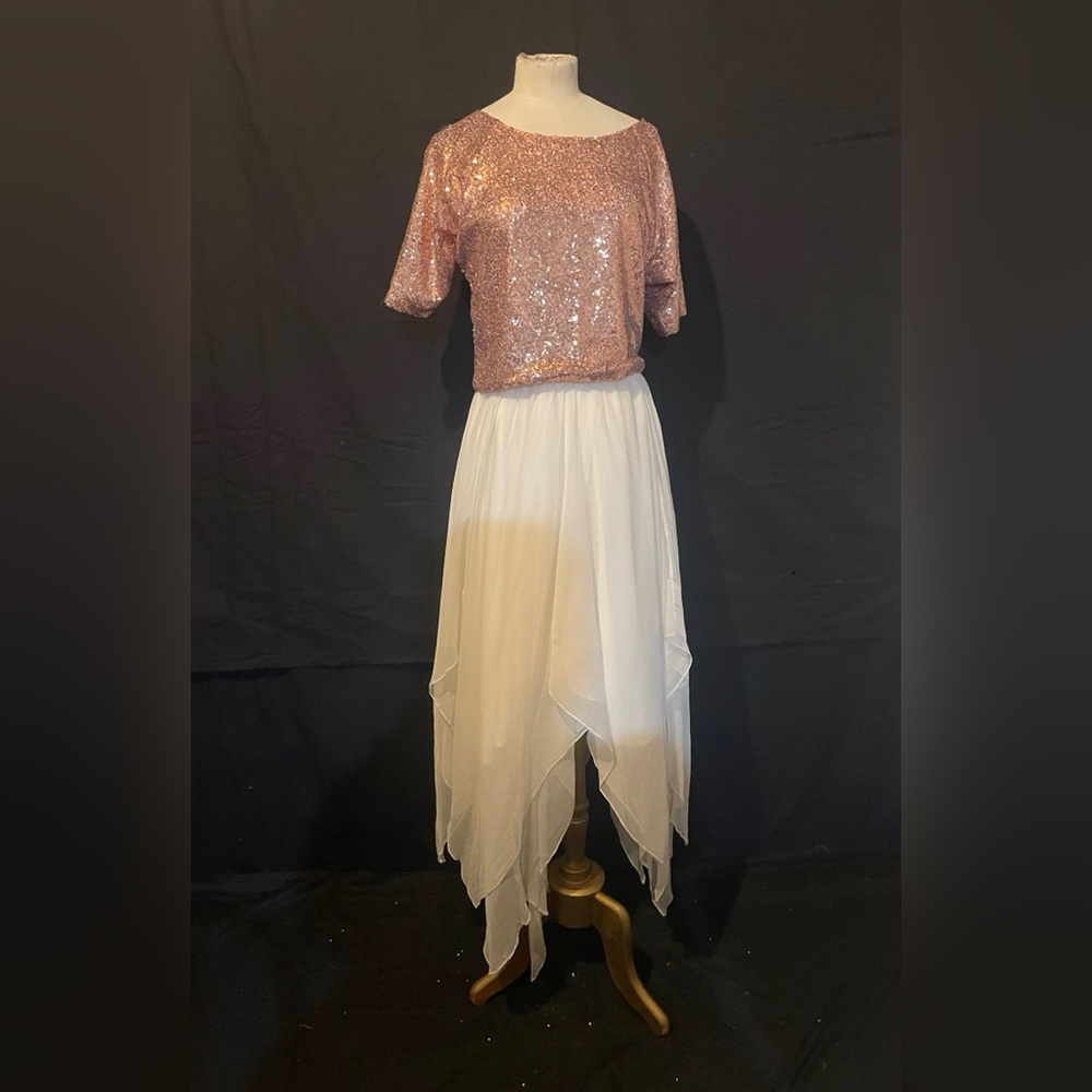 Designer Ivory High-Low A-Line Maxi Skirt  Pink Sequined Top Pas de Deux Party 4